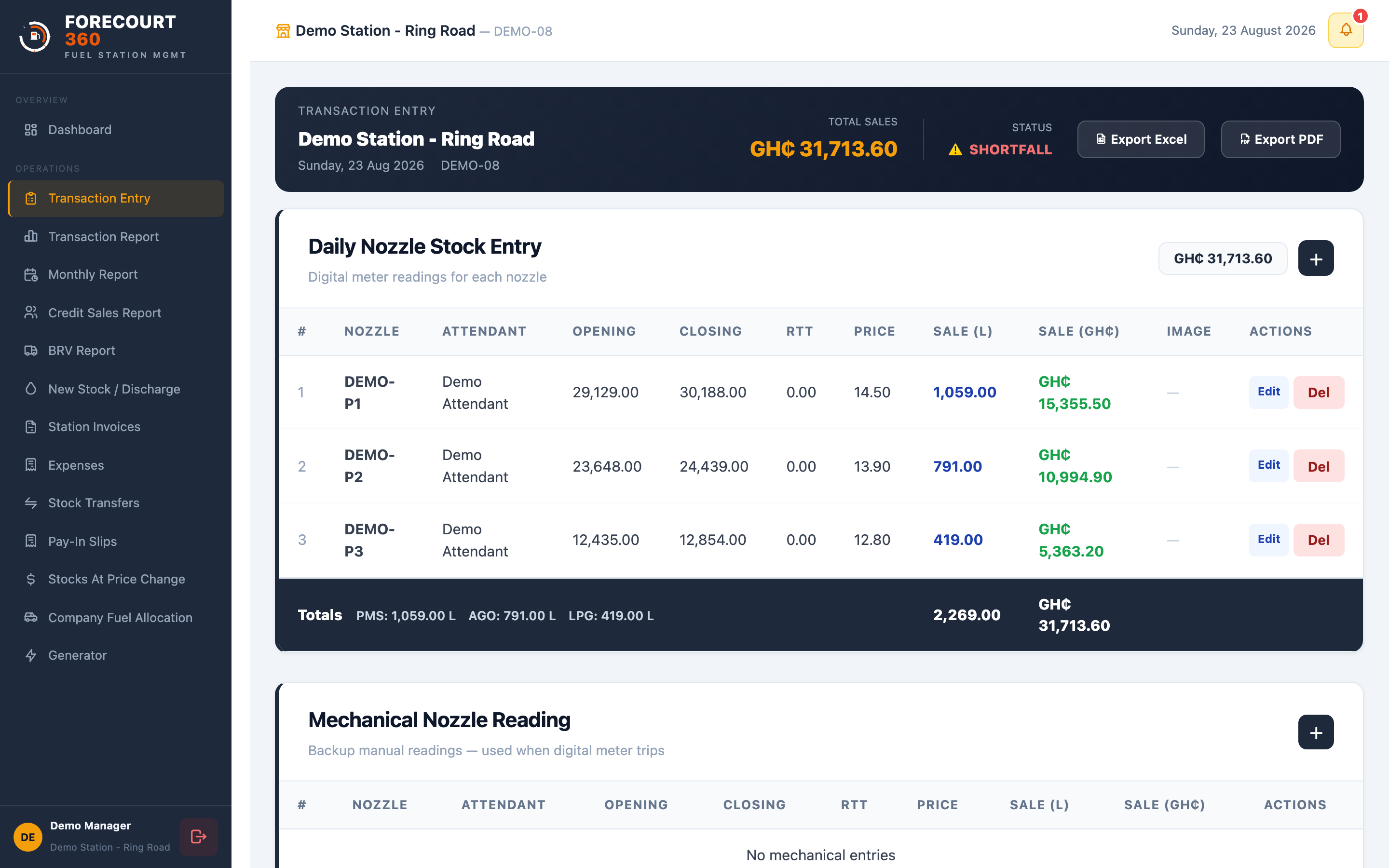 Forecourt 360 transaction entry showing a shortfall status